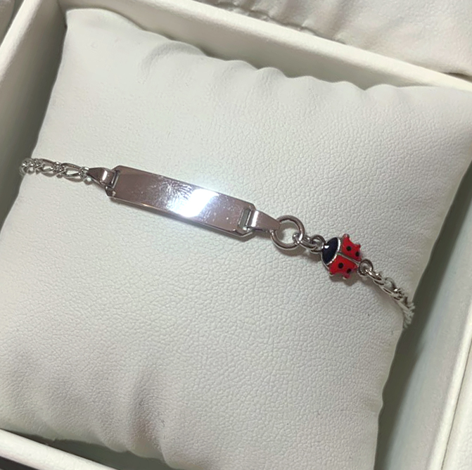 Bracelet bébé coccinelle, plaque rectangle en argent 925/1000 rhodié